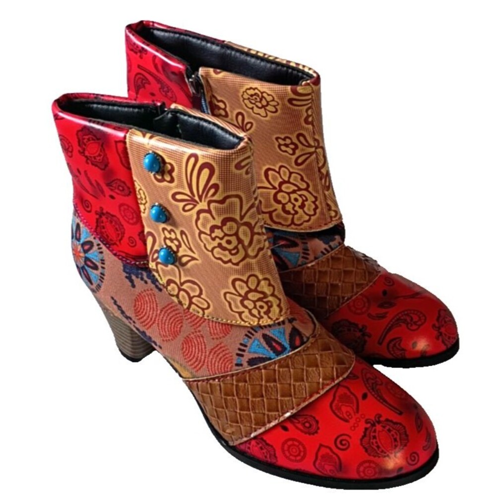 Multicolor Floral Patchwork Ankle Boots - Women's